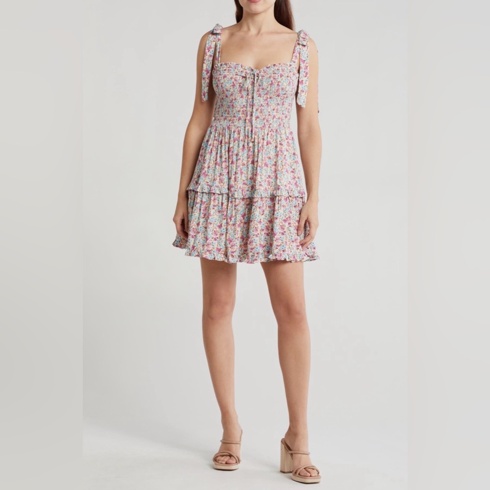Lush Cream Orchid Floral Smock Tiered‎ Mini Dress